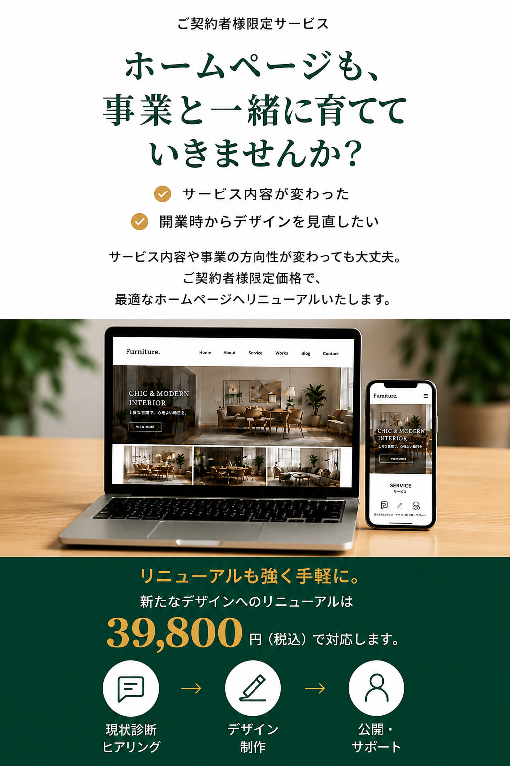 ご契約者様限定サービス。ホームページも事業と一緒に育てていきませんか。リニューアルは39,800円税込で対応します。